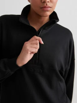 Women Aimn Hoodies & Crews-Black Comfy Modal Half Zip