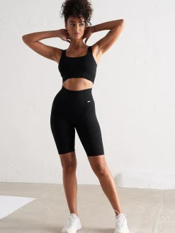 Women Aimn Training|Performance-Black Ribbed Seamless Biker Shorts