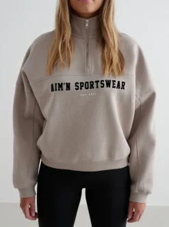 Women Aimn Hoodies & Crews-Dark Clay Varsity Sweat Half Zip