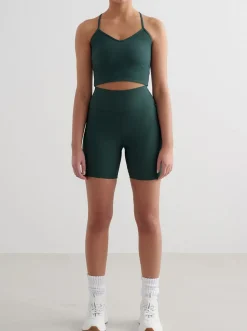Women Aimn Shorts-Deep Emerald Ribbed Performance Midi Biker Shorts