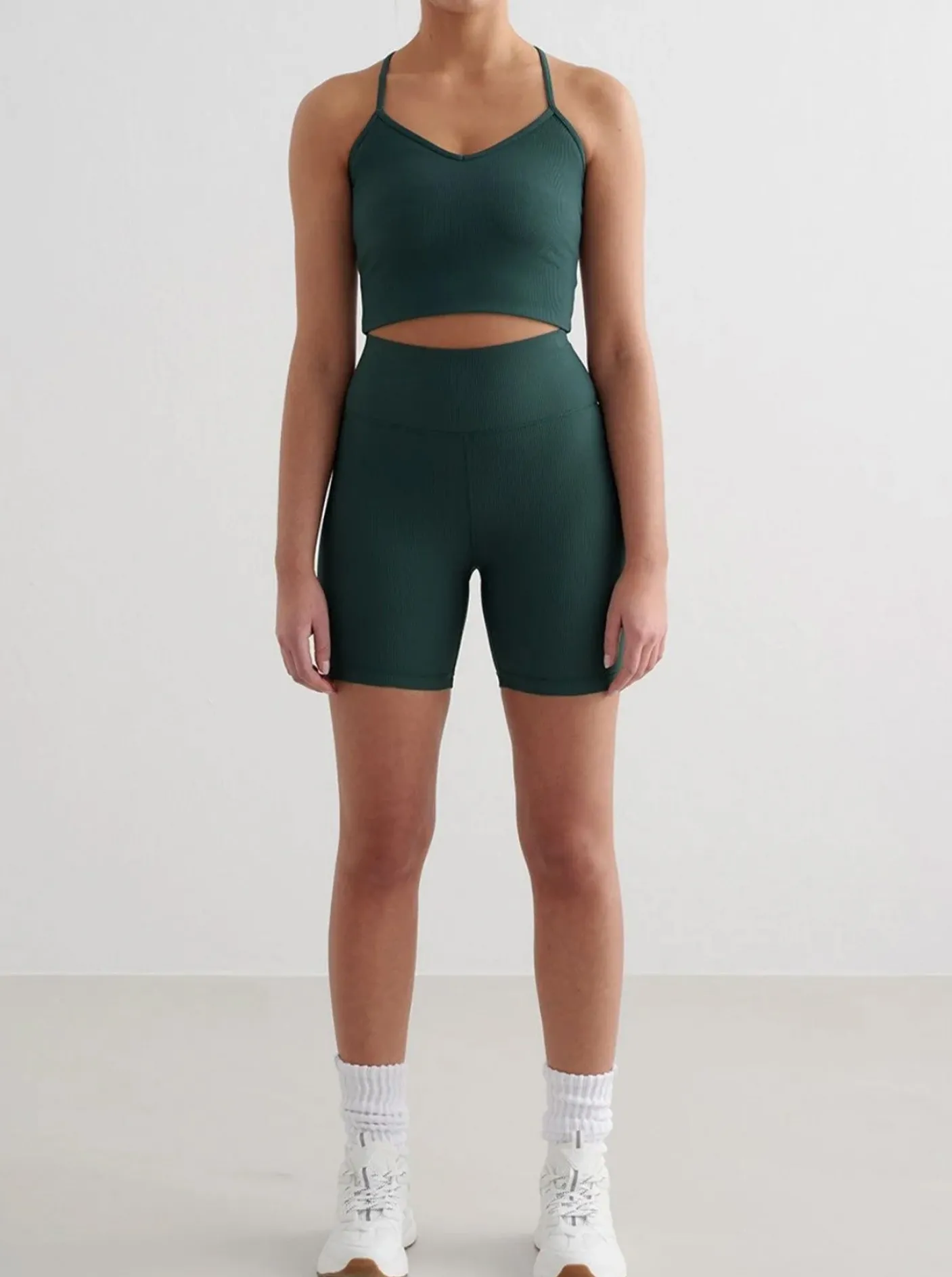 Women Aimn Shorts-Deep Emerald Ribbed Performance Midi Biker Shorts