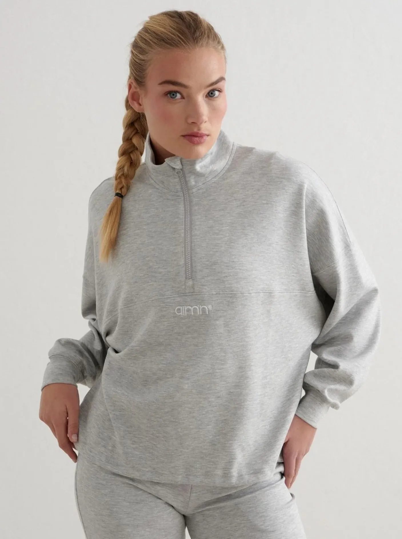 Women Aimn Hoodies & Crews-Light Grey Melange Comfy Modal Half Zip