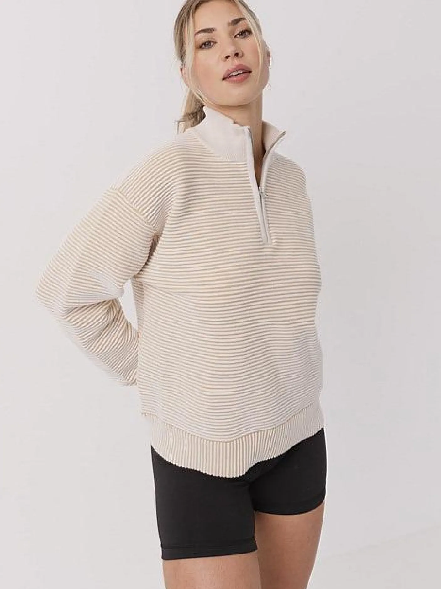 Women Taylor Sport Hoodies & Crews-Quarter Zip Ribbed Crew in Coconut Cream