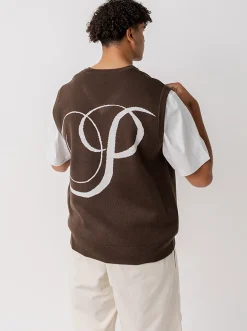 Pursuit of Happiness Jackets & Vests-Serif Logo Knitted Vest in Brown
